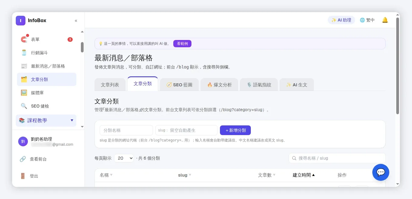 InfoBox 部落格文章分類管理頁