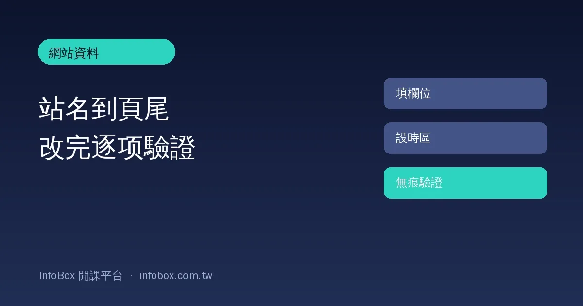 InfoBox 網站資料操作篇:站名、SEO 說明、時區與頁尾,改完如何驗證
