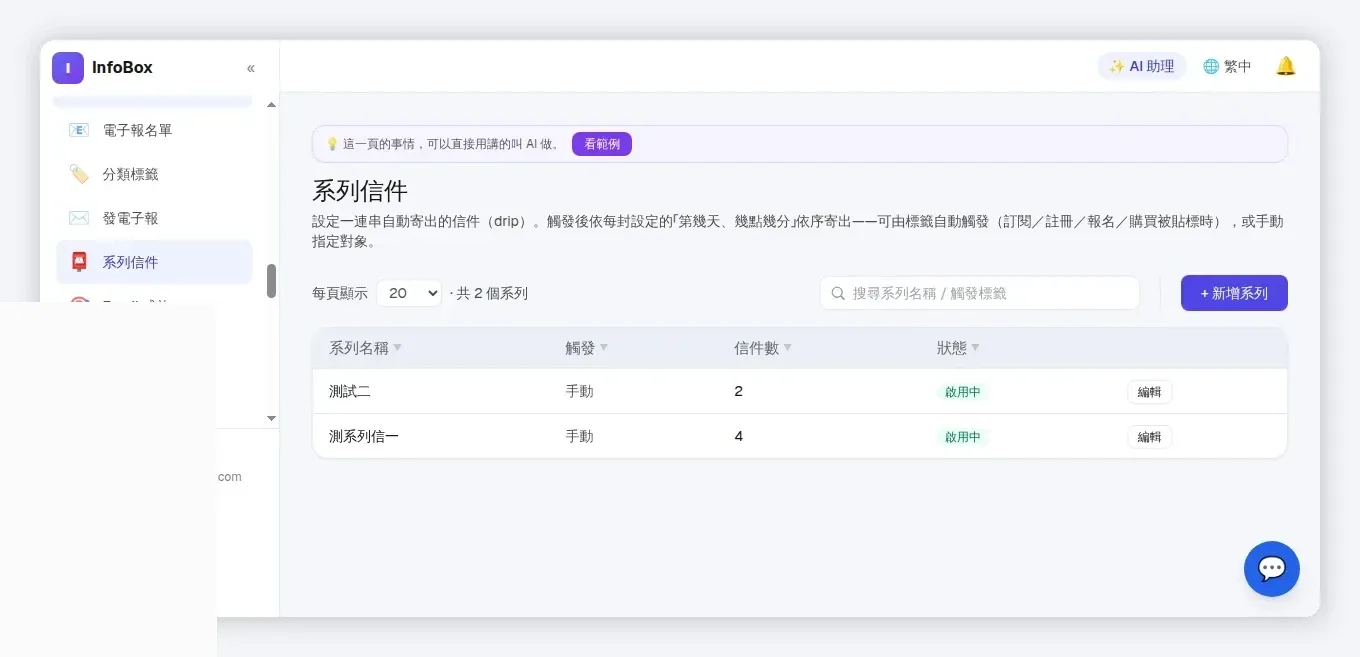 InfoBox 後台 系列信列表：觸發、信件數與排程一次設好
