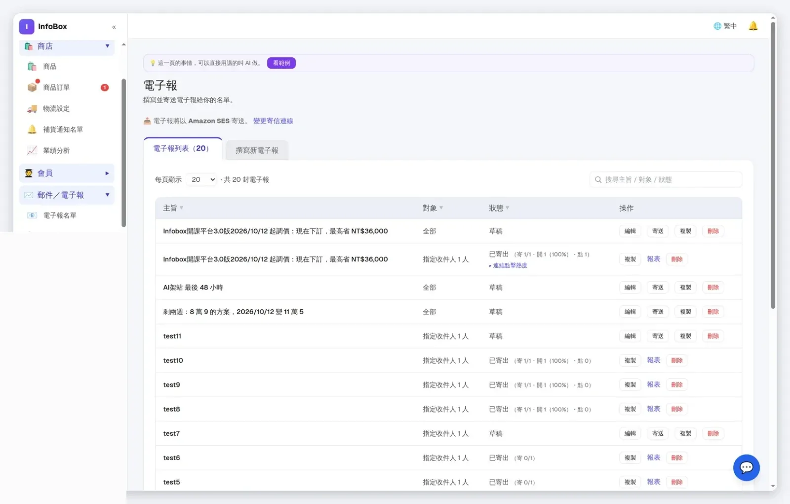 InfoBox 後台 發電子報：主旨、對象與寄送狀態