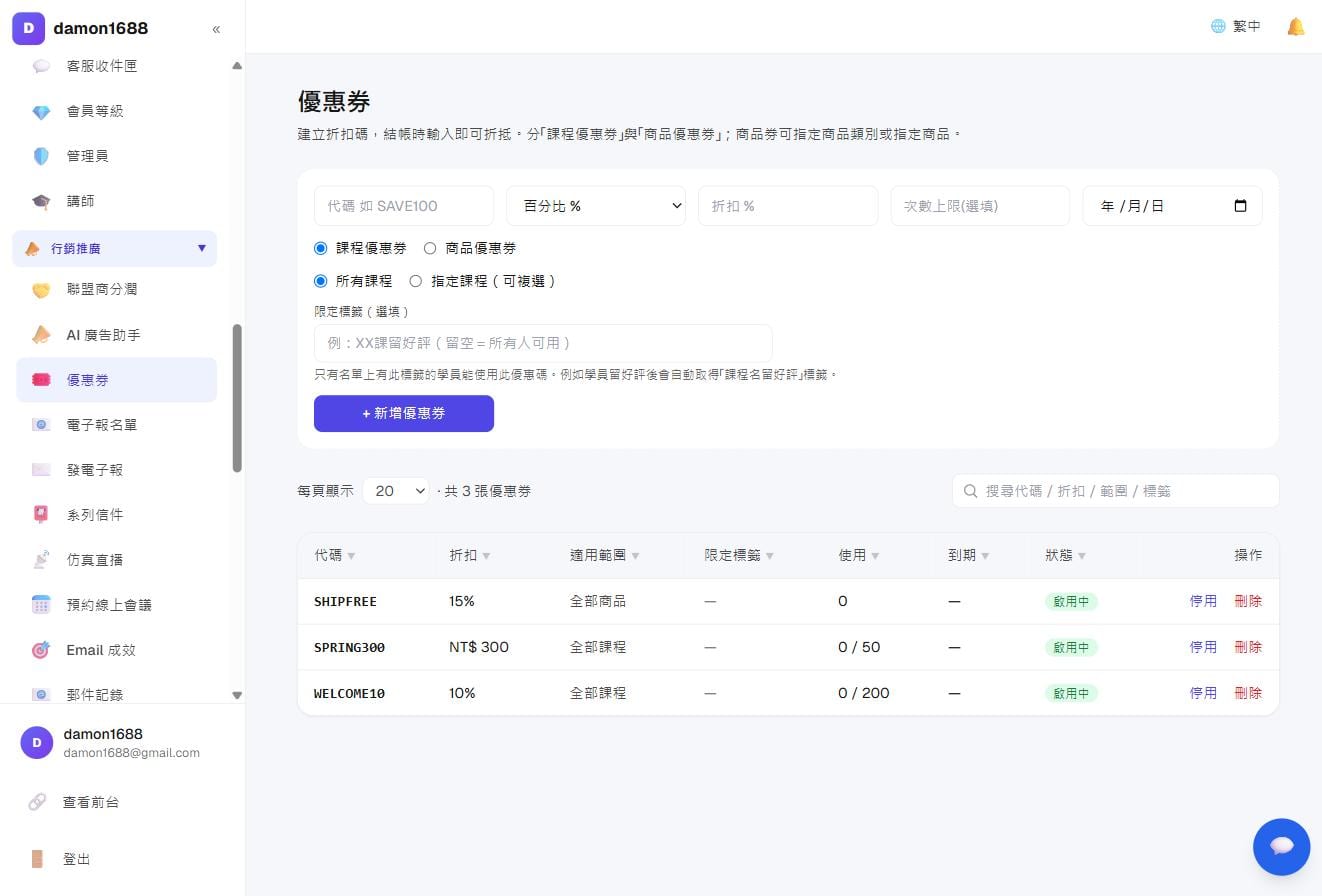 推廣與活動－優惠券列表：代碼、折扣、適用範圍、使用次數與狀態一次看完