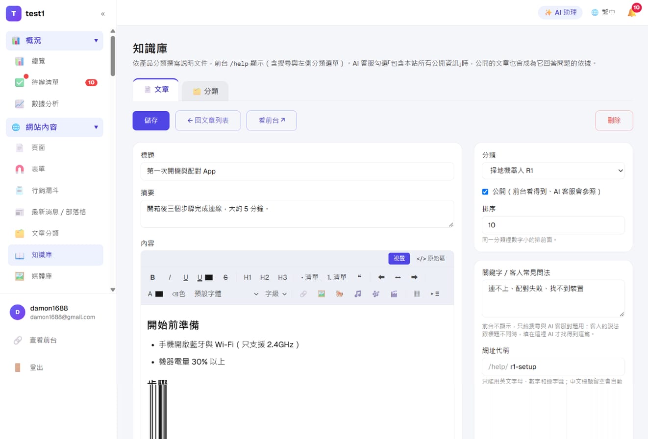 文章編輯：標題、摘要、內容、分類、公開、關鍵字／客人常見問法、網址代稱