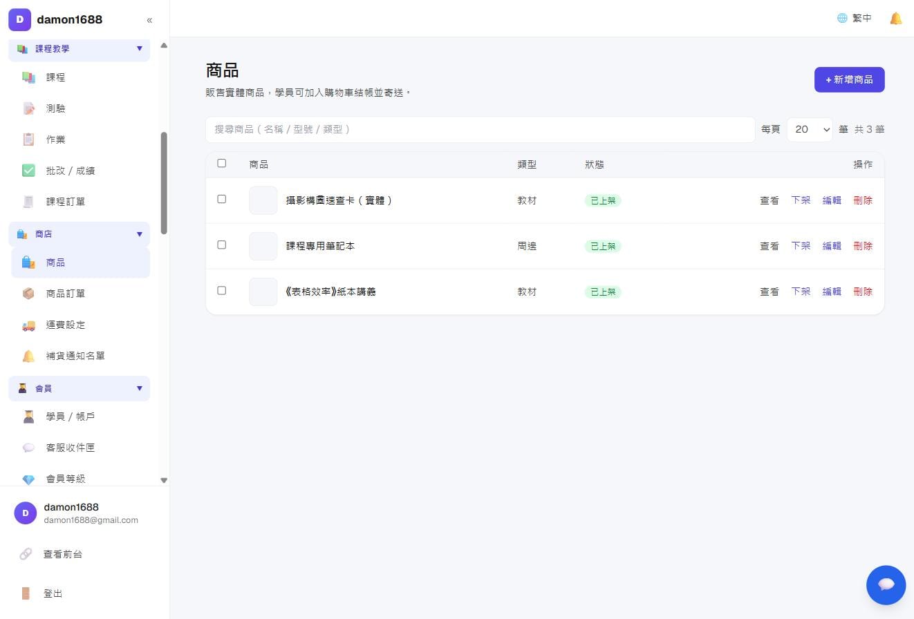 商店與收款－商品列表：每件商品的類型與上架狀態