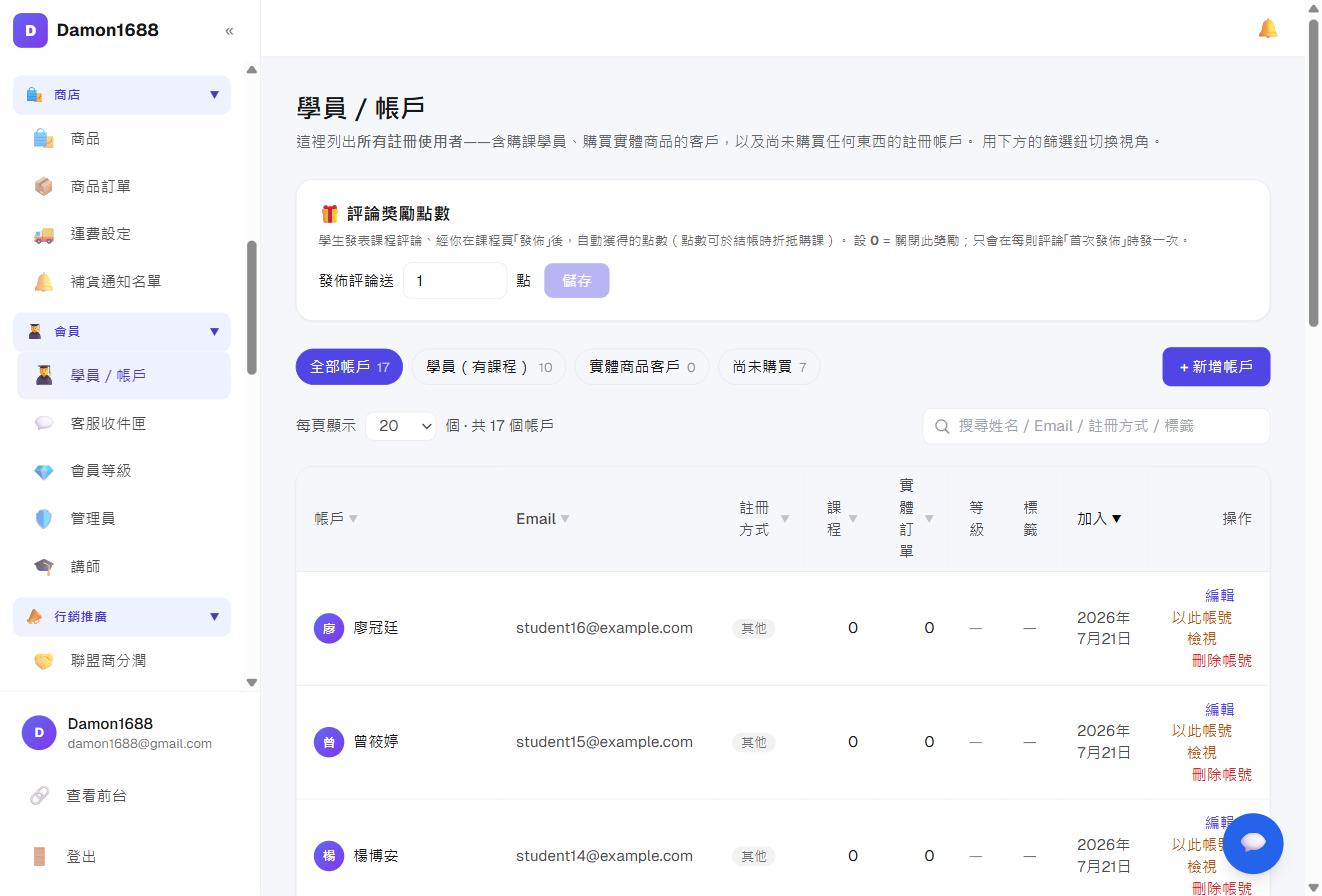 會員與團隊－學員／帳戶頁：上方篩選鈕可切換不同視角